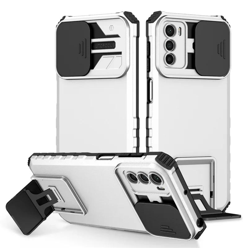 For Motorola Moto G42 4G Slide Lens Protection Phone Cover PC+TPU Kickstand Case - White