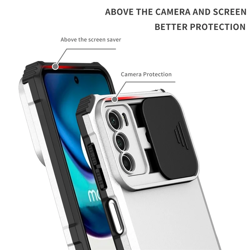 For Motorola Moto G42 4G Slide Lens Protection Phone Cover PC+TPU Kickstand Case - White