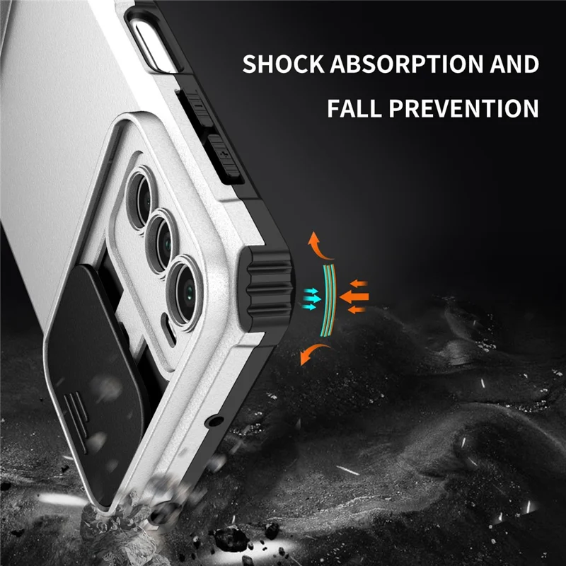 For Motorola Moto G42 4G Slide Lens Protection Phone Cover PC+TPU Kickstand Case - White