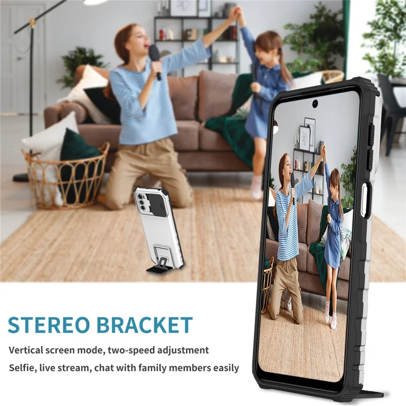 For Motorola Moto G42 4G Slide Lens Protection Phone Cover PC+TPU Kickstand Case - White