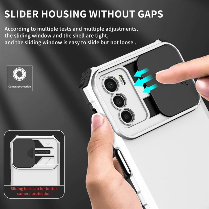 For Motorola Moto G42 4G Slide Lens Protection Phone Cover PC+TPU Kickstand Case - White