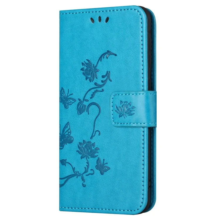 For iPhone 15 Pro Max Scratch Proof PU Leather Wallet Phone Case Butterfly Flower Imprinted Stand Cover - Blue
