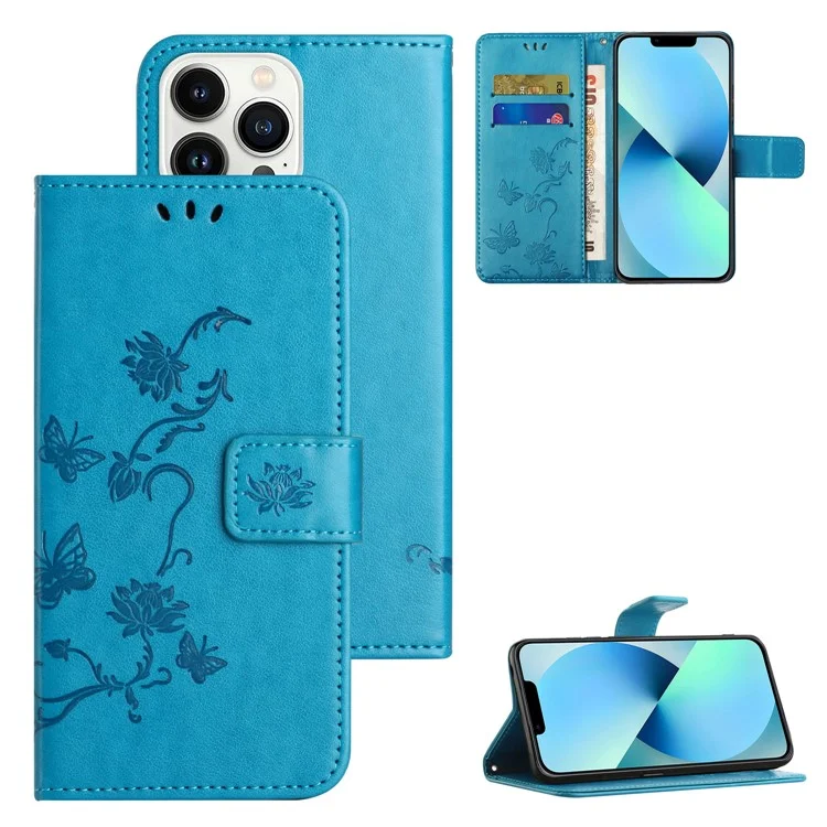 For iPhone 15 Pro Max Scratch Proof PU Leather Wallet Phone Case Butterfly Flower Imprinted Stand Cover - Blue