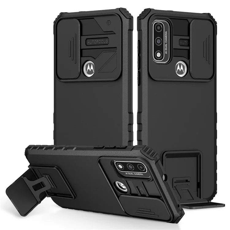Für Motorola G Pure Kickstand Rückseite PC+TPU Handyhülle mit Schiebe-Kamera-Abdeckung - Schwarz
