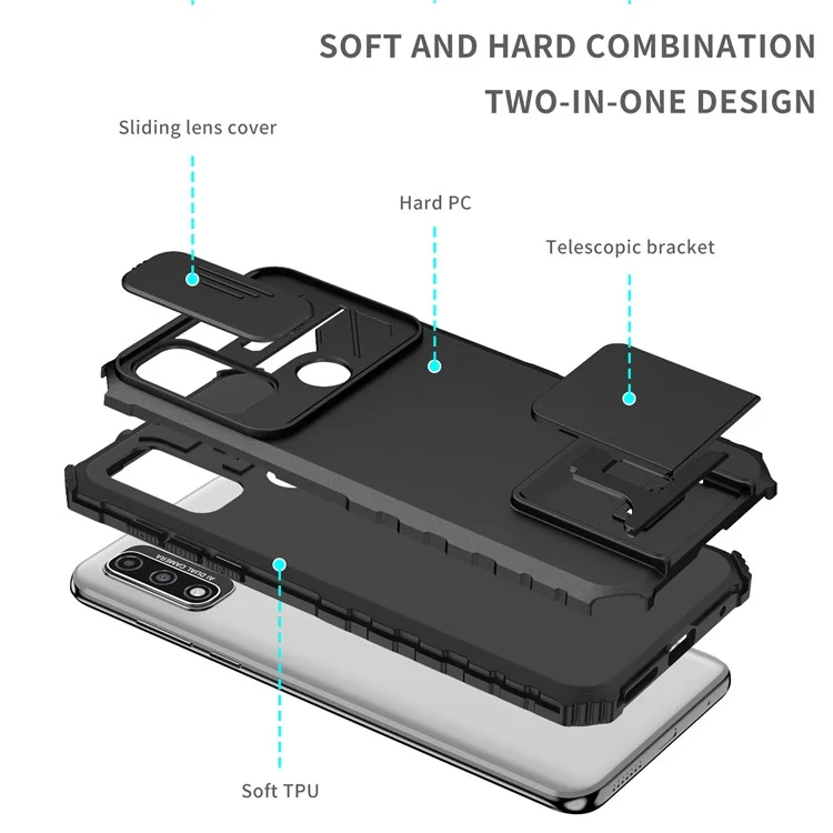 Für Motorola G Pure Kickstand Rückseite PC+TPU Handyhülle mit Schiebe-Kamera-Abdeckung - Schwarz