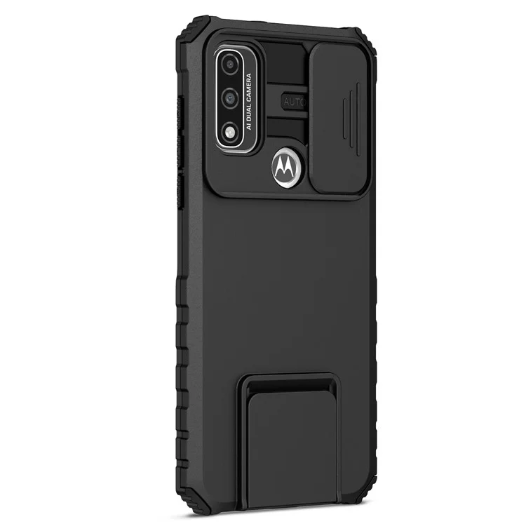 Für Motorola G Pure Kickstand Rückseite PC+TPU Handyhülle mit Schiebe-Kamera-Abdeckung - Schwarz