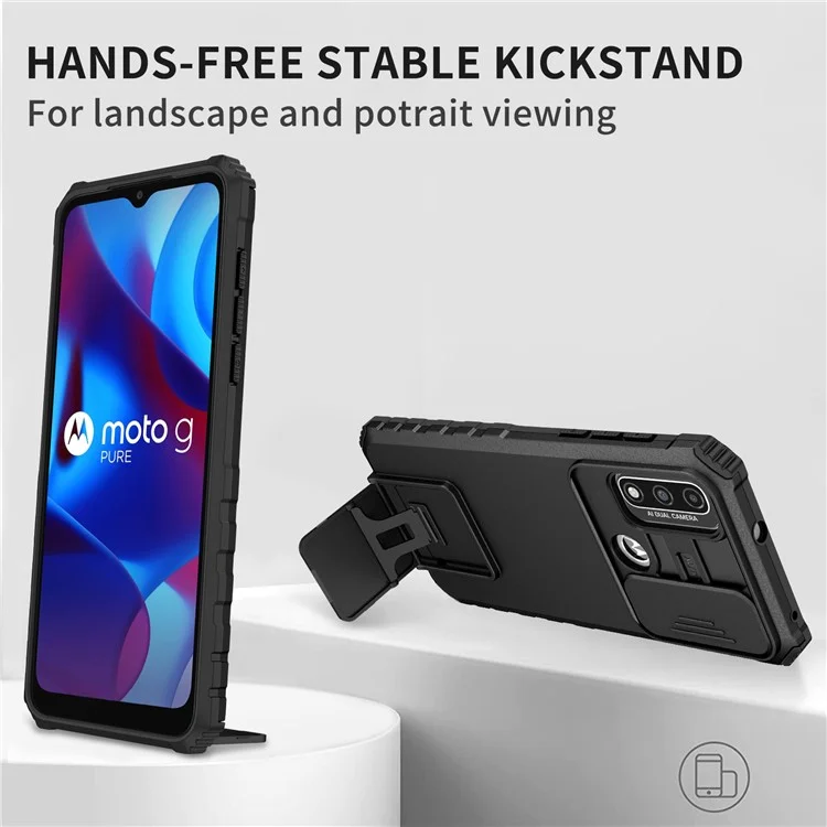 Für Motorola G Pure Kickstand Rückseite PC+TPU Handyhülle mit Schiebe-Kamera-Abdeckung - Schwarz