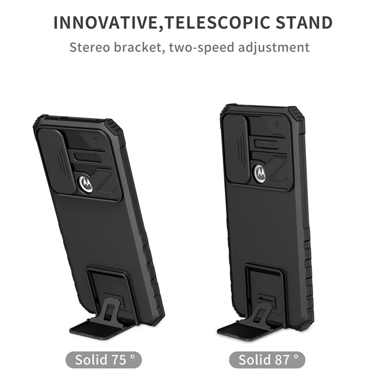Für Motorola G Pure Kickstand Rückseite PC+TPU Handyhülle mit Schiebe-Kamera-Abdeckung - Schwarz