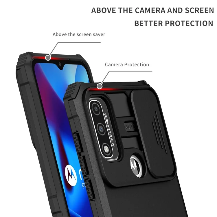 Für Motorola G Pure Kickstand Rückseite PC+TPU Handyhülle mit Schiebe-Kamera-Abdeckung - Schwarz