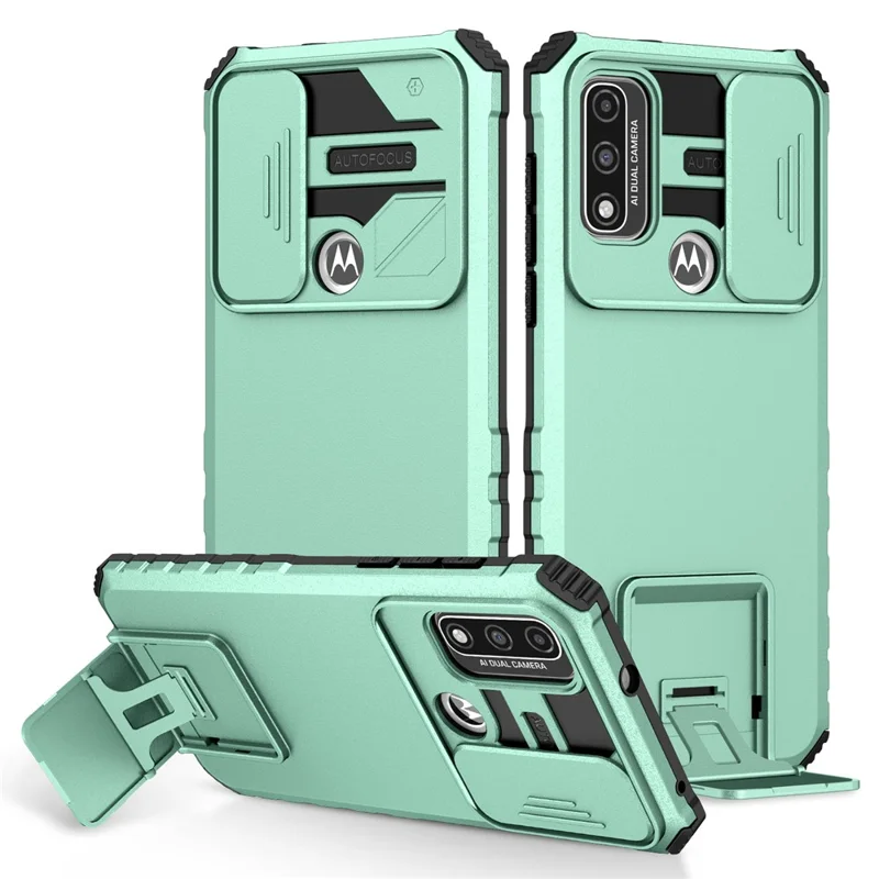 For Motorola G Pure Kickstand Back Cover PC+TPU Phone Case with Slide Camera Lid - Baby Blue