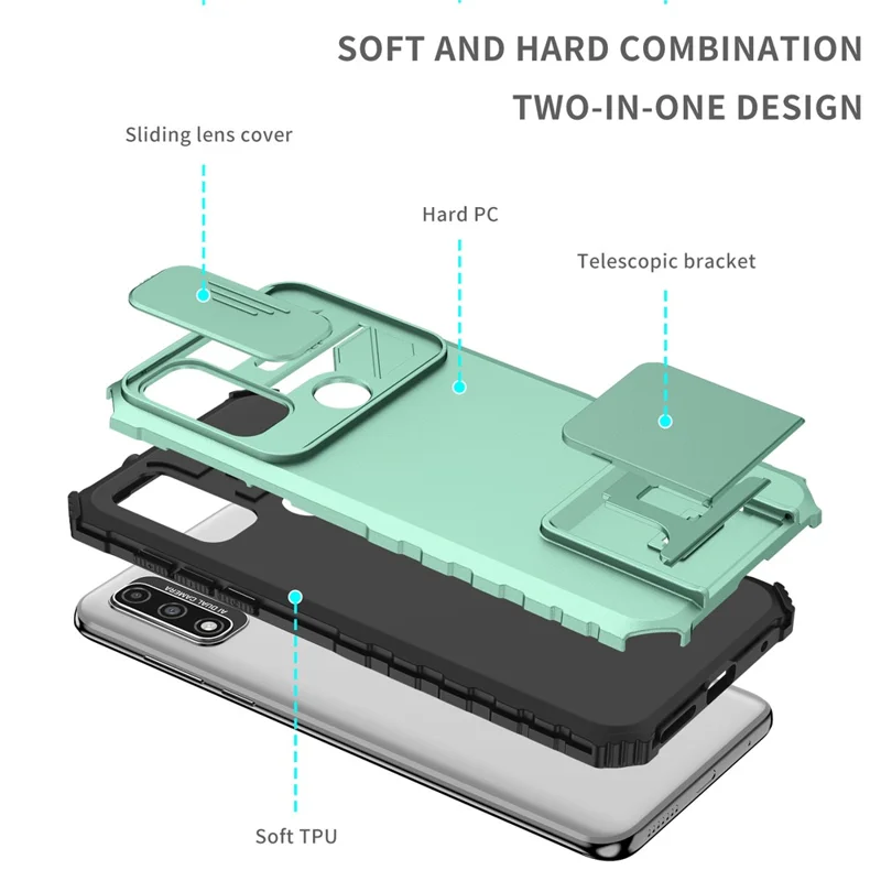 For Motorola G Pure Kickstand Back Cover PC+TPU Phone Case with Slide Camera Lid - Baby Blue