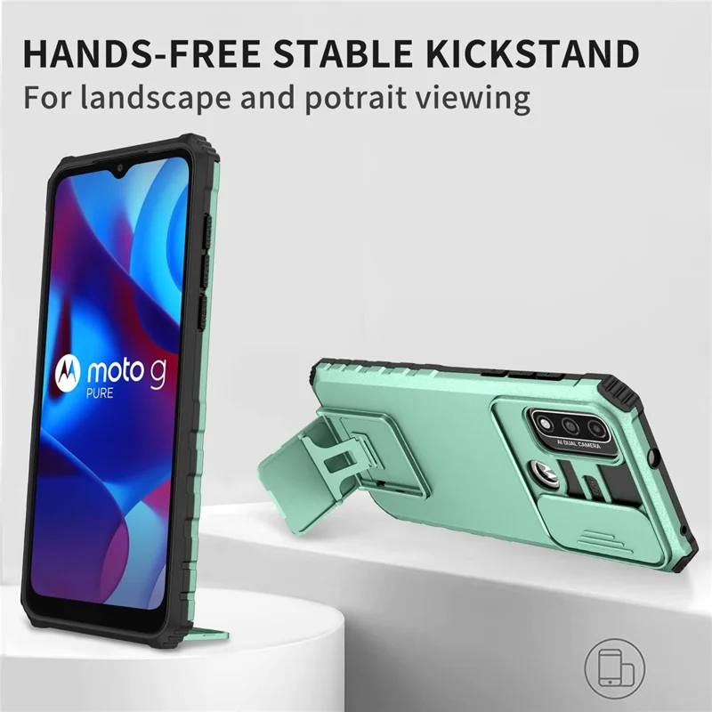 For Motorola G Pure Kickstand Back Cover PC+TPU Phone Case with Slide Camera Lid - Baby Blue