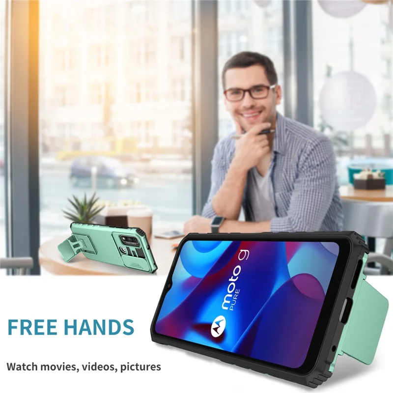 For Motorola G Pure Kickstand Back Cover PC+TPU Phone Case with Slide Camera Lid - Baby Blue