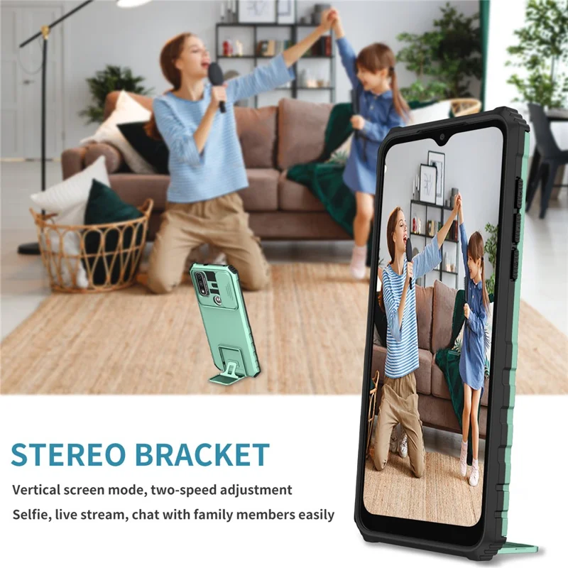 For Motorola G Pure Kickstand Back Cover PC+TPU Phone Case with Slide Camera Lid - Baby Blue