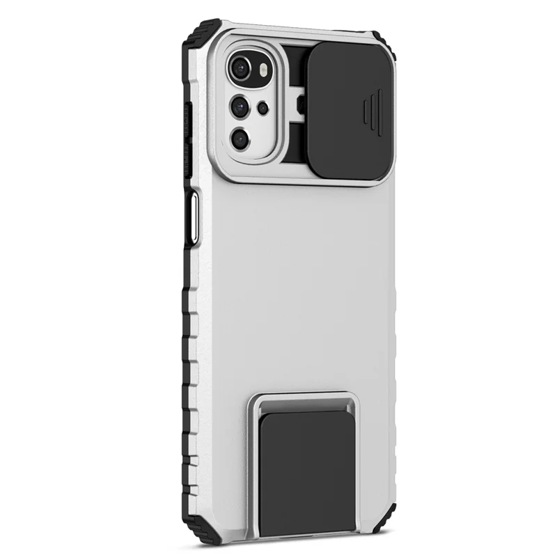 Pour Motorola Moto E32 4G / Moto G22 Slide Lens Shield PC+TPU Housse de téléphone avec support - Blanc