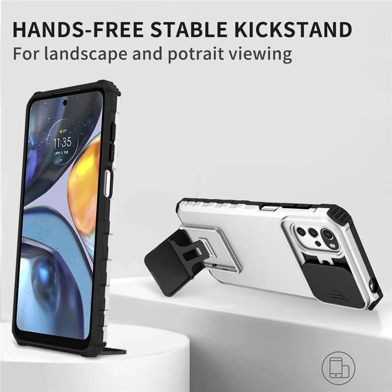 Pour Motorola Moto E32 4G / Moto G22 Slide Lens Shield PC+TPU Housse de téléphone avec support - Blanc