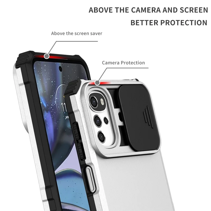 Pour Motorola Moto E32 4G / Moto G22 Slide Lens Shield PC+TPU Housse de téléphone avec support - Blanc