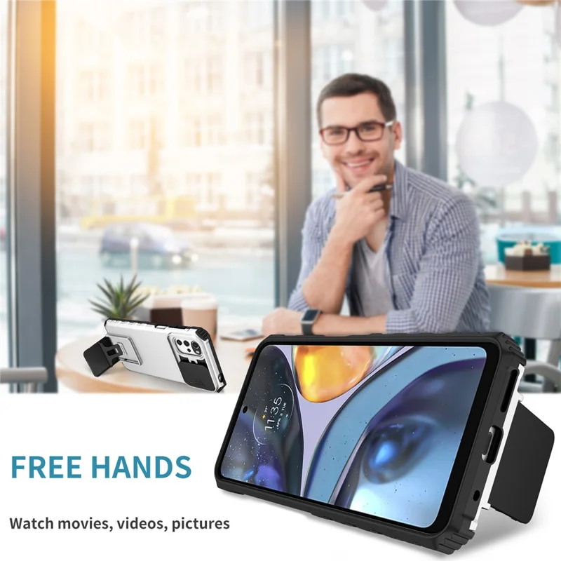 Pour Motorola Moto E32 4G / Moto G22 Slide Lens Shield PC+TPU Housse de téléphone avec support - Blanc