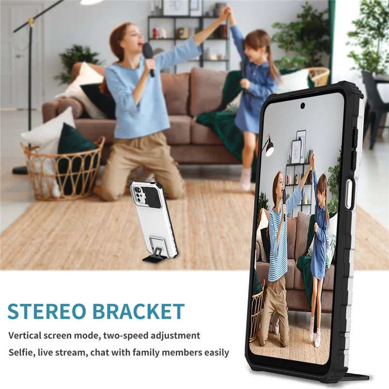 Pour Motorola Moto E32 4G / Moto G22 Slide Lens Shield PC+TPU Housse de téléphone avec support - Blanc