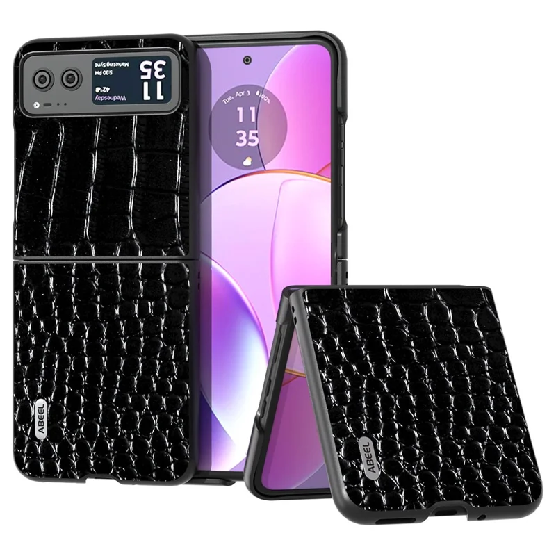 ABEEL Etui Ochronne na Motorola Razr 40 5G, Pokrowiec z Naturalnej Skóry Wołowej z Nakładką PC z Teksturowanym Wykończeniem Przypominającym Skórę Krokodyla - Czarny