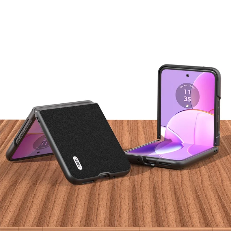 ABEEL For Motorola Razr 40 5G Waves Texture Case Genuine Cow Leather Hard PC Phone Cover - Black