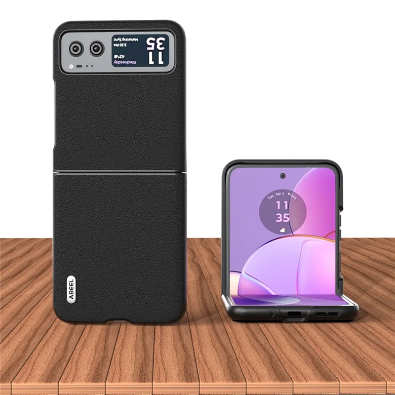 ABEEL For Motorola Razr 40 5G Waves Texture Case Genuine Cow Leather Hard PC Phone Cover - Black