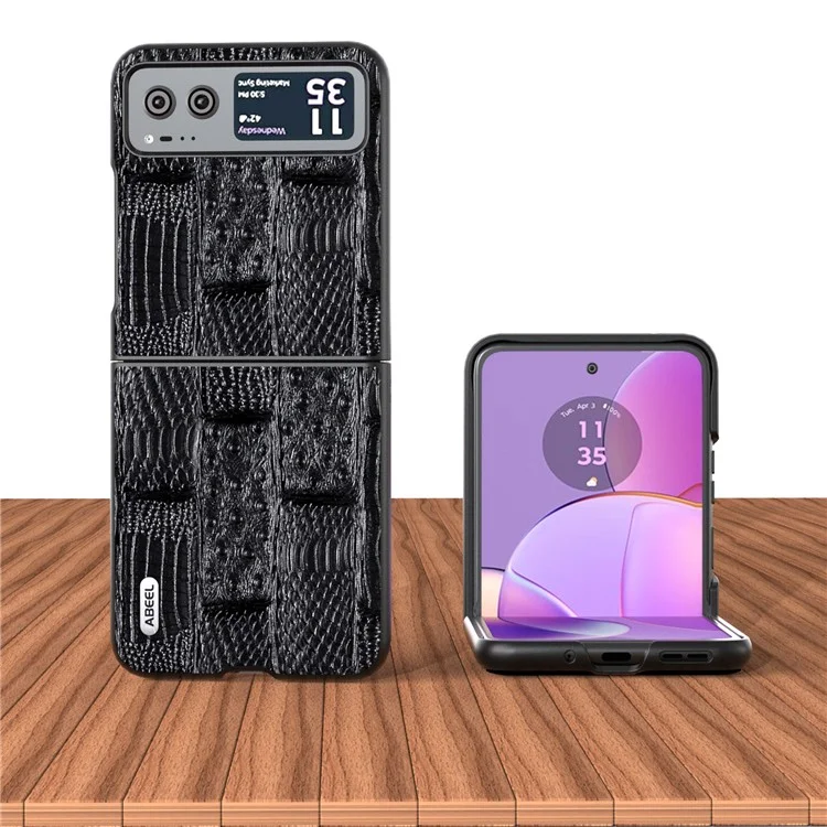 ABEEL для Motorola Razr 40 5G Mahjong Texture Cover Genuine Cow Leather+PC Anti-Shock Phone Case - Черный