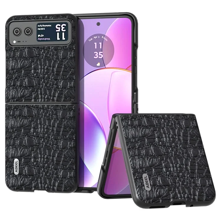 ABEEL For Motorola Razr 40 5G Canopy Texture Phone Case Genuine Cow Leather+PC Protective Cover - Black