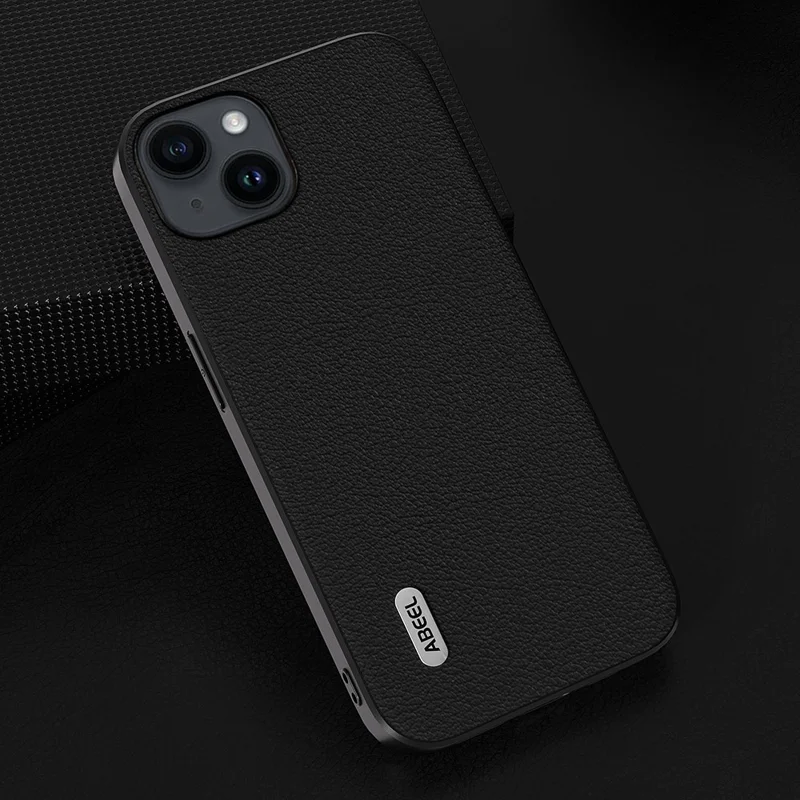 ABEEL لجهاز iPhone 15 غطاء هاتف مقاوم للصدمات مصنوع من جلد بقر أصلي مطلي بـ PC+TPU، غطاء مزخرف - أسود
