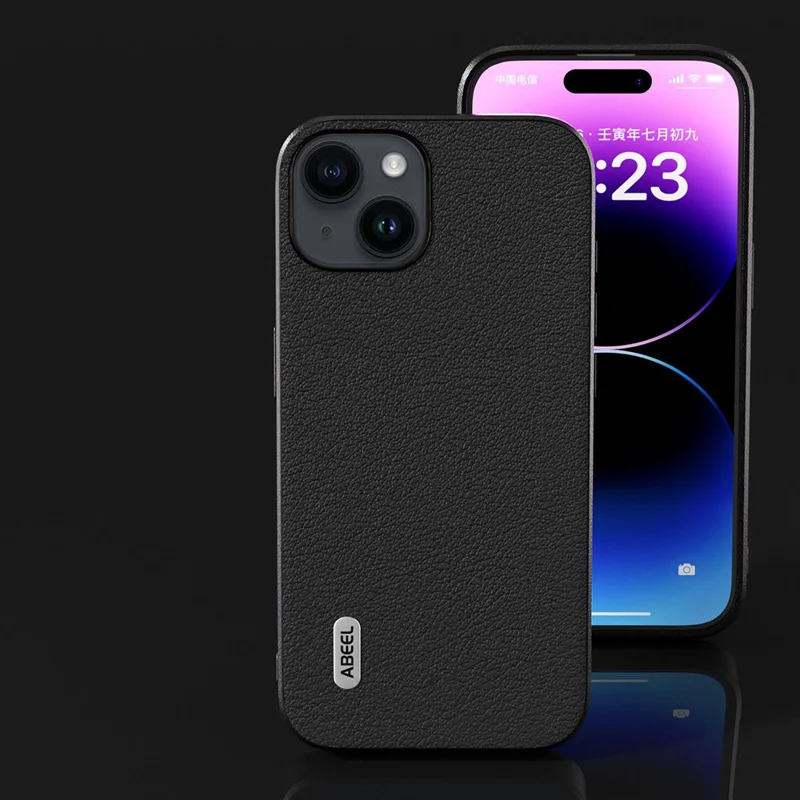 ABEEL لجهاز iPhone 15 غطاء هاتف مقاوم للصدمات مصنوع من جلد بقر أصلي مطلي بـ PC+TPU، غطاء مزخرف - أسود