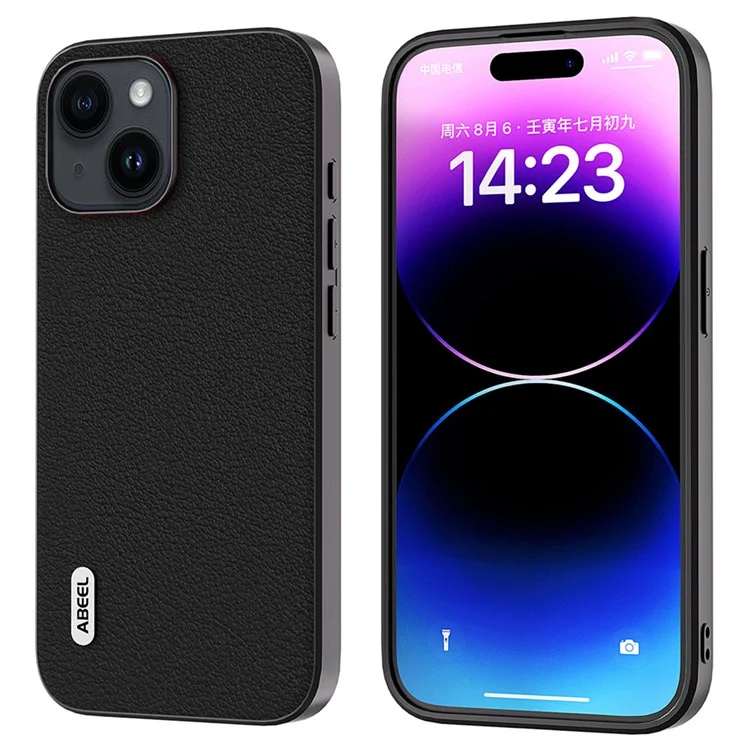 ABEEL For iPhone 15 Plus Mobile Phone Case Textured Genuine Cow Leather Coated PC+TPU Back Cover - Black
