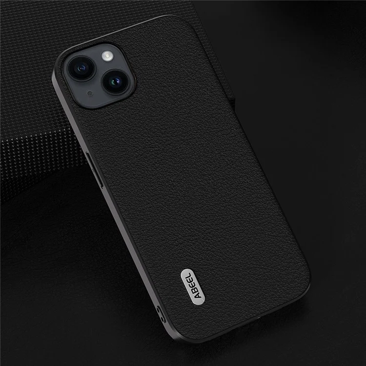 ABEEL For iPhone 15 Plus Mobile Phone Case Textured Genuine Cow Leather Coated PC+TPU Back Cover - Black
