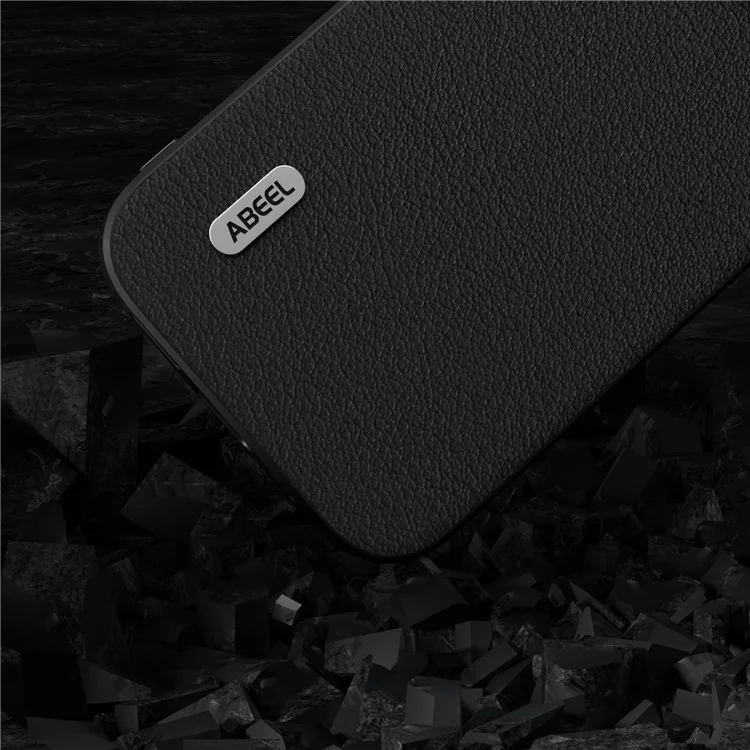 ABEEL For iPhone 15 Plus Mobile Phone Case Textured Genuine Cow Leather Coated PC+TPU Back Cover - Black