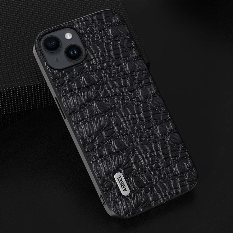 ABEEL For iPhone 15 Plus Canopy Texture Slim Phone Case Genuine Cow Leather Coated PC+TPU Cover - Black