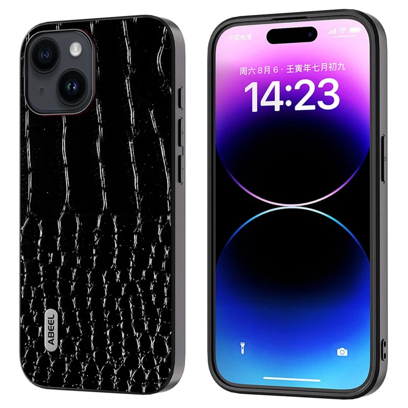 ABEEL For iPhone 15 Plus Crocodile Texture Phone Case Genuine Cow Leather+PC+TPU Anti-drop Cover - Black