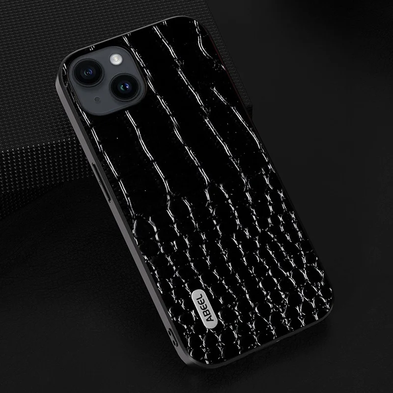 ABEEL For iPhone 15 Plus Crocodile Texture Phone Case Genuine Cow Leather+PC+TPU Anti-drop Cover - Black