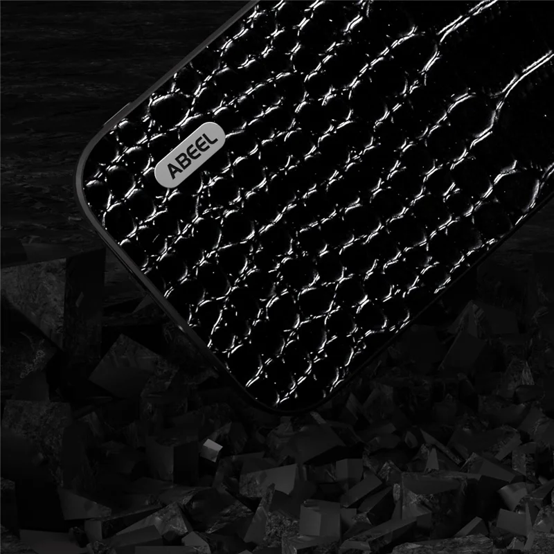 ABEEL For iPhone 15 Plus Crocodile Texture Phone Case Genuine Cow Leather+PC+TPU Anti-drop Cover - Black
