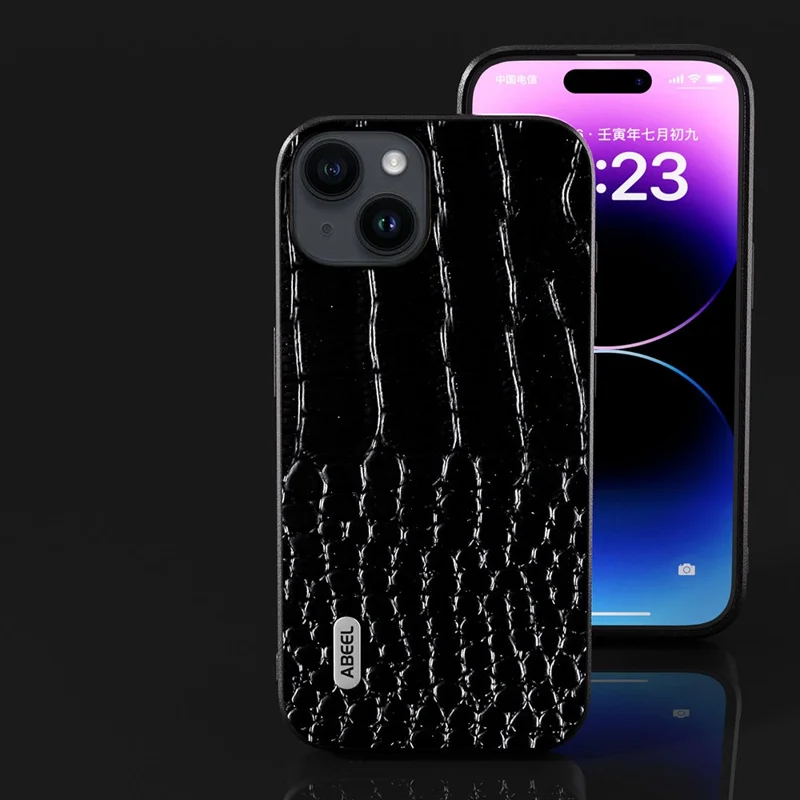ABEEL For iPhone 15 Plus Crocodile Texture Phone Case Genuine Cow Leather+PC+TPU Anti-drop Cover - Black