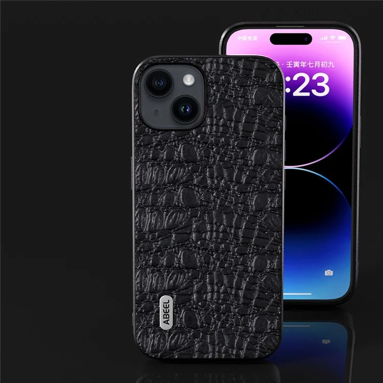 ABEEL For iPhone 15 Slim-Fit Phone Case Genuine Cow Leather Coated PC+TPU Canopy Texture Cover - Black