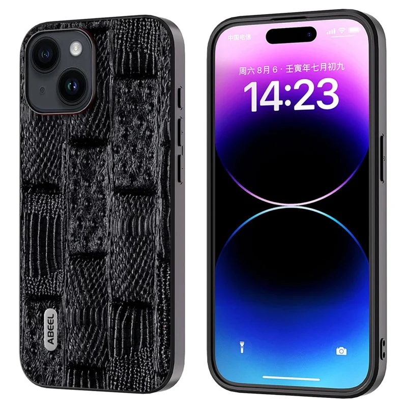 ABEEL For iPhone 15 Shockproof Mahjong Texture Cover Genuine Cow Leather+PC+TPU Phone Case - Black