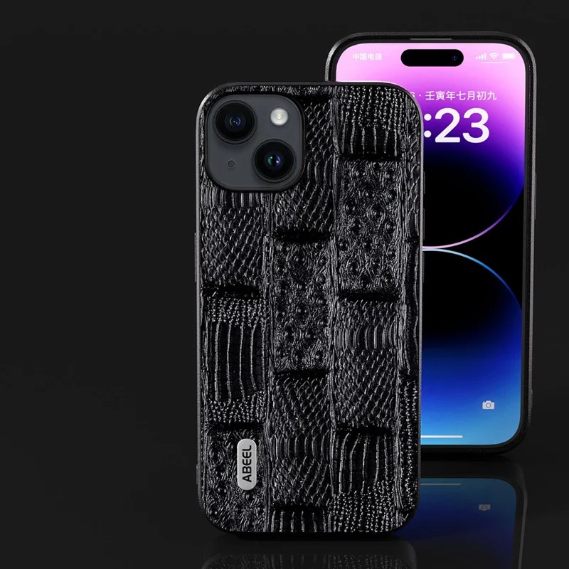 ABEEL For iPhone 15 Shockproof Mahjong Texture Cover Genuine Cow Leather+PC+TPU Phone Case - Black