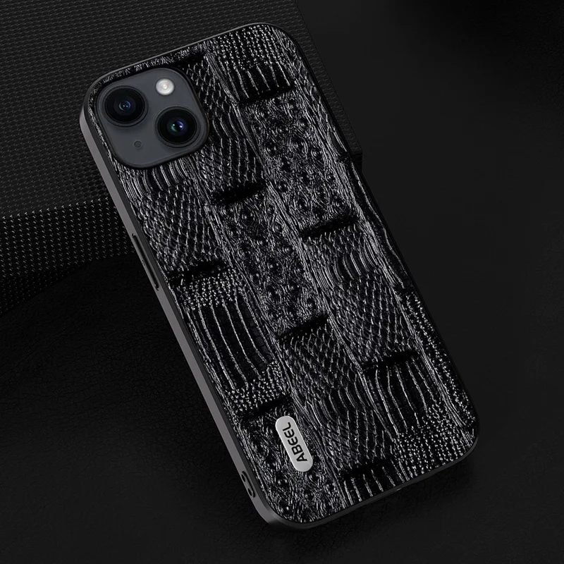 ABEEL Per iPhone 15 Plus Mahjong Texture Phone Case Genuine Cow Leather+PC+TPU Anti-drop Cover - Black