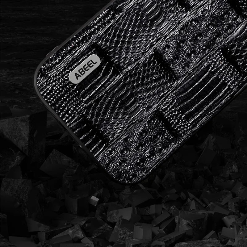 ABEEL Per iPhone 15 Plus Mahjong Texture Phone Case Genuine Cow Leather+PC+TPU Anti-drop Cover - Black