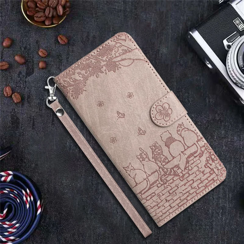 Pour Samsung Galaxy A14 4G / 5G Étui de téléphone en cuir avec support Cats Phone Case Wallet avec sangle - Violet fumé