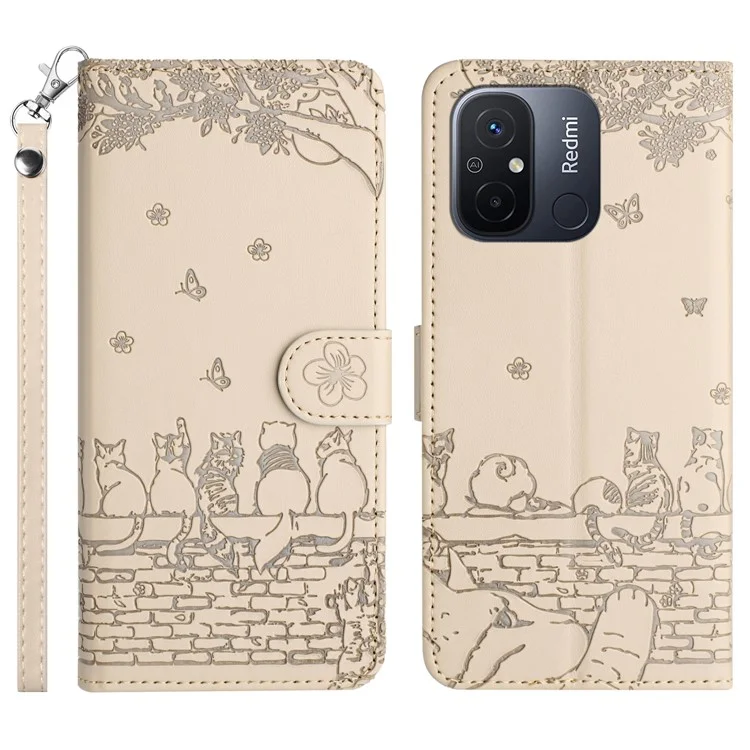 Für Xiaomi Redmi 12C 4G / 11A 4G Multifunktions-Wallet-Handyhülle mit Katzen-Wandaufdruck, PU-Leder, Standfunktion und Trageriemen - Aprikose
