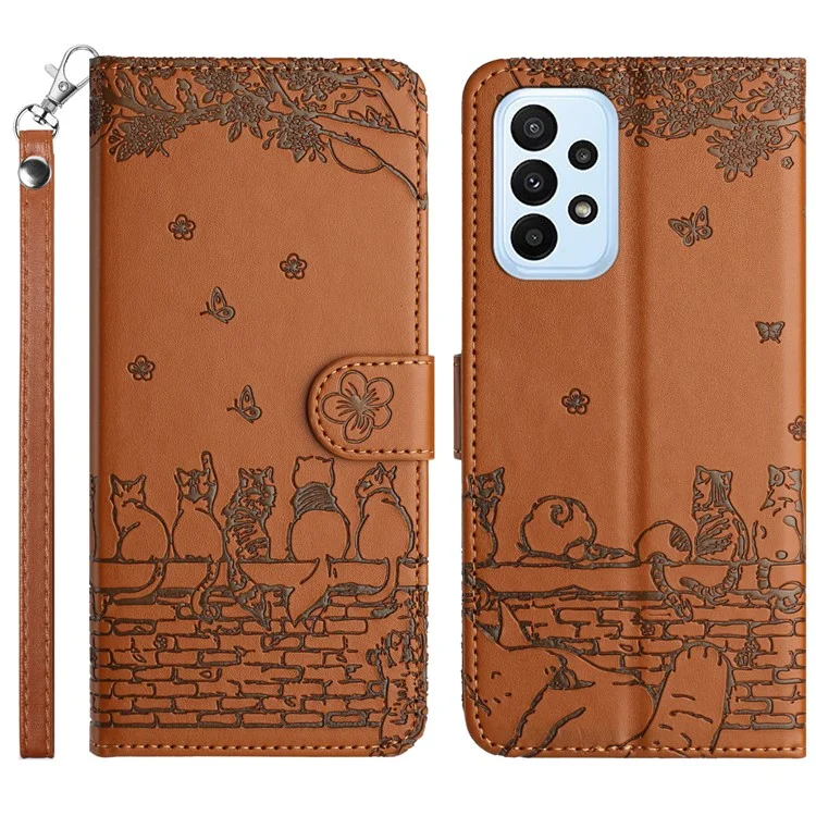 Für Samsung Galaxy A23 4G / A23 5G (Global Version) / M23 5G / F23 5G Wallet Phone Cover Imprinted PU Leather Stand Phone Case with Strap - Braun