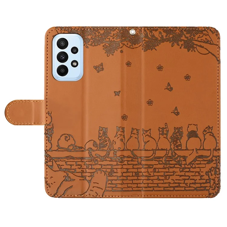 Für Samsung Galaxy A23 4G / A23 5G (Global Version) / M23 5G / F23 5G Wallet Phone Cover Imprinted PU Leather Stand Phone Case with Strap - Braun
