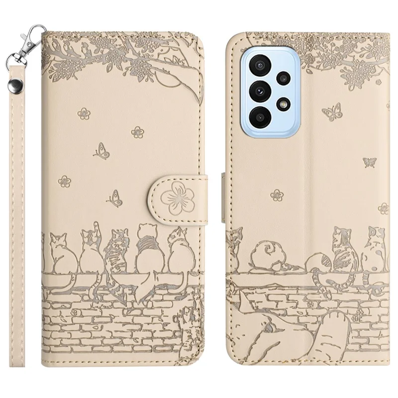 For Samsung Galaxy A23 4G / A23 5G (Global Version) / M23 5G / F23 5G Wallet Phone Cover Imprinted PU Leather Stand Phone Case with Strap - Apricot