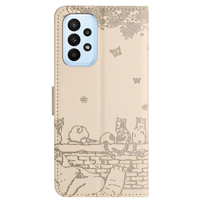 For Samsung Galaxy A23 4G / A23 5G (Global Version) / M23 5G / F23 5G Wallet Phone Cover Imprinted PU Leather Stand Phone Case with Strap - Apricot
