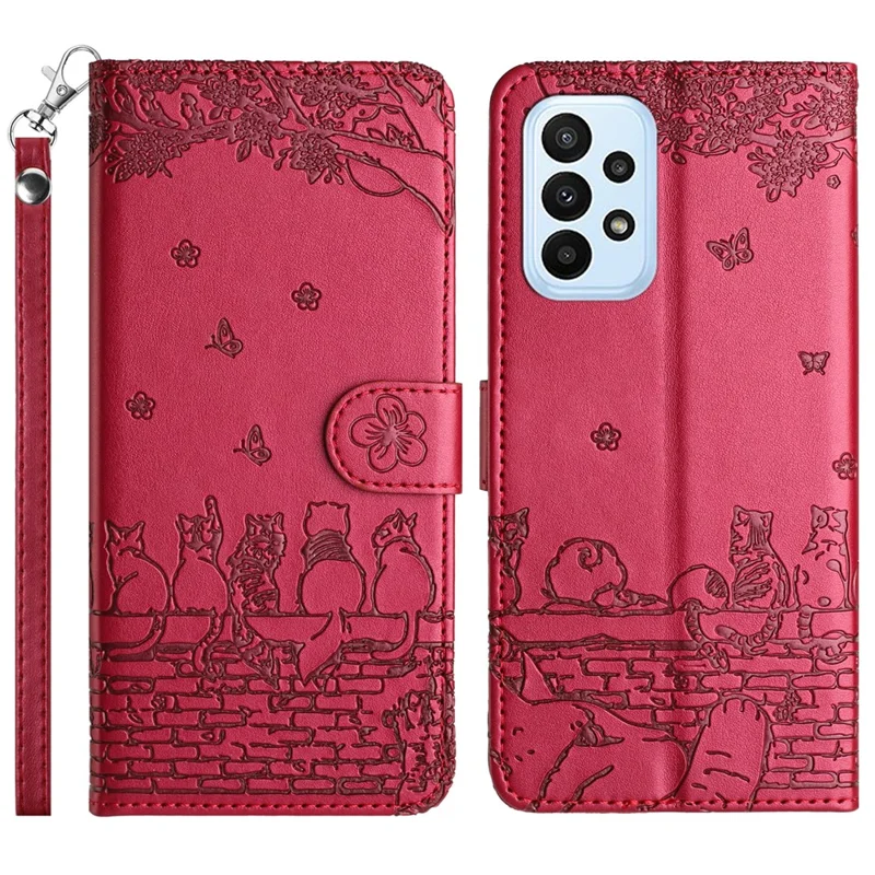For Samsung Galaxy A23 4G / A23 5G (Global Version) / M23 5G / F23 5G Wallet Phone Cover Imprinted PU Leather Stand Phone Case with Strap - Red